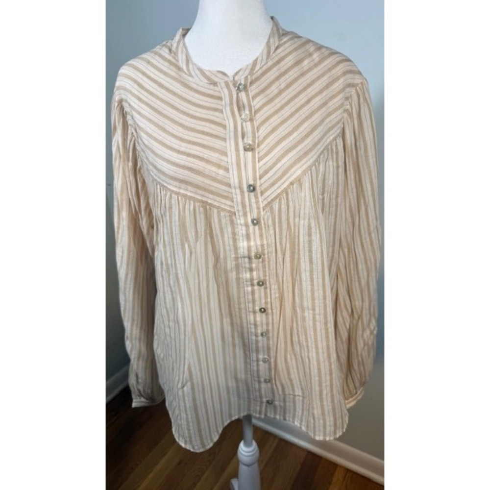 Mango MNG Striped Cotton Blouse Size 6‎ Band Collar Gathered Yoke Tan